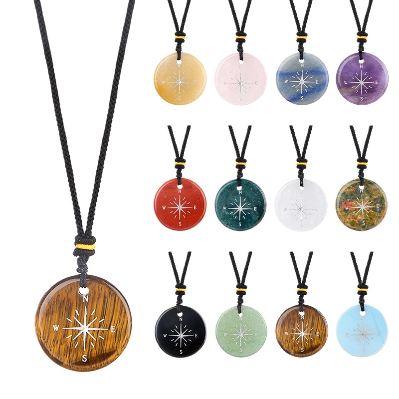 30mm Gemstone Disc Ornament Handmade Craved Pattern-Silver Compass Pendant for Making Jewelry