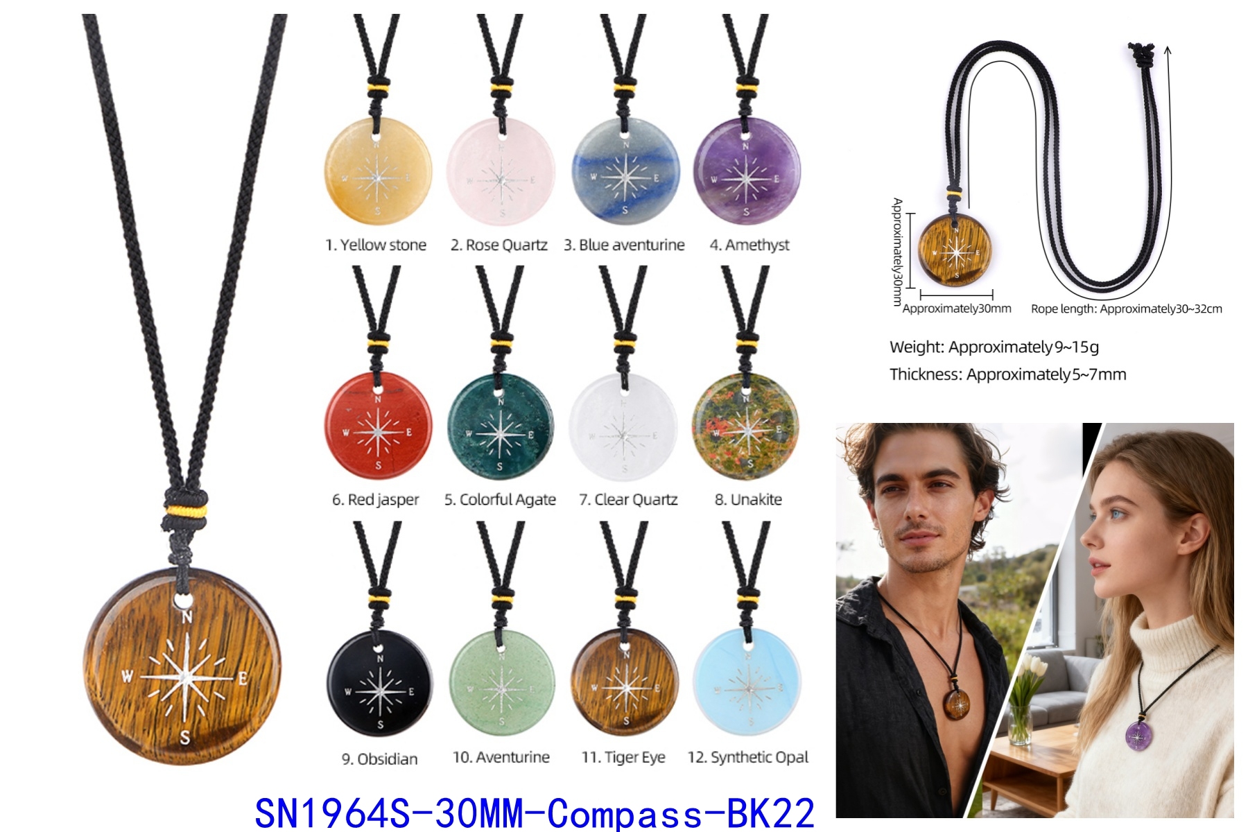 30mm Gemstone Disc Ornament Handmade Craved Pattern-Silver Compass Pendant for Making Jewelry