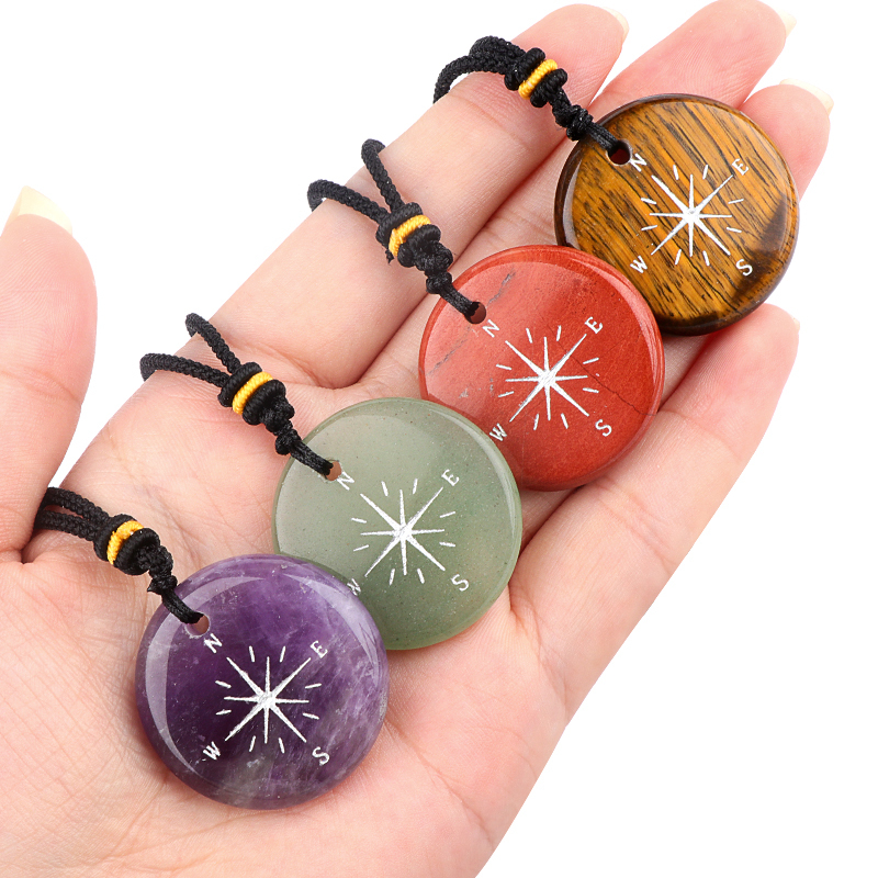 30MM Disc Pendant Necklace Adjustable Rope  Silver Pattern  Compass