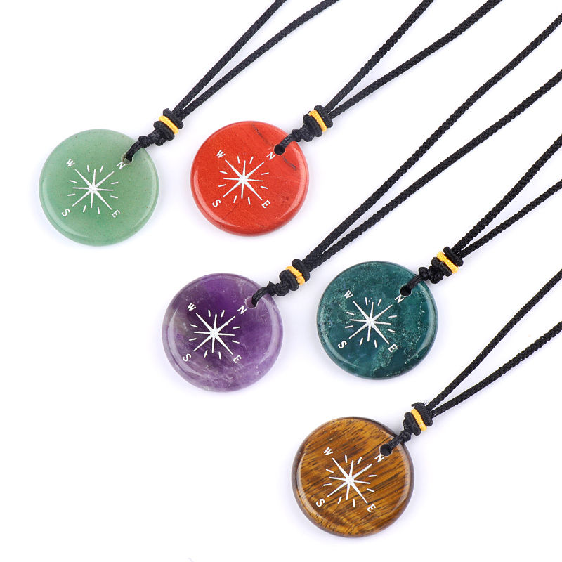 30MM Disc Pendant Necklace Adjustable Rope  Silver Pattern  Compass