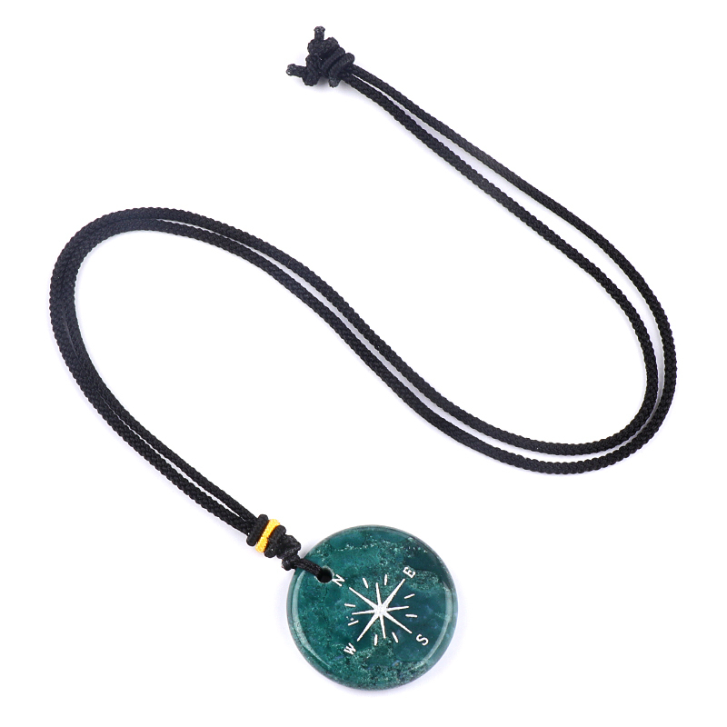 30MM Disc Pendant Necklace Adjustable Rope  Silver Pattern  Compass