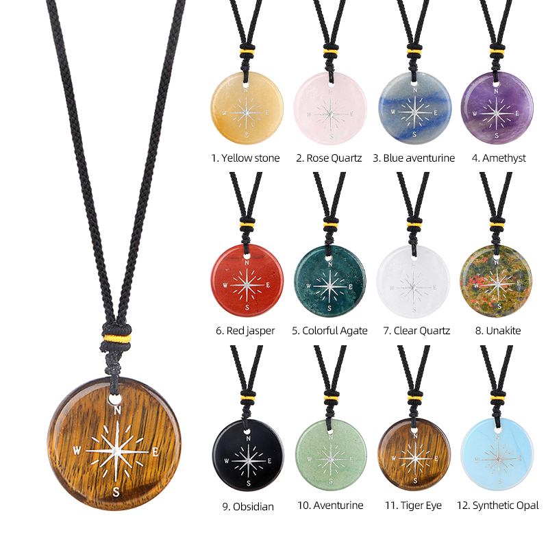 30MM Disc Pendant Necklace Adjustable Rope  Silver Pattern  Compass
