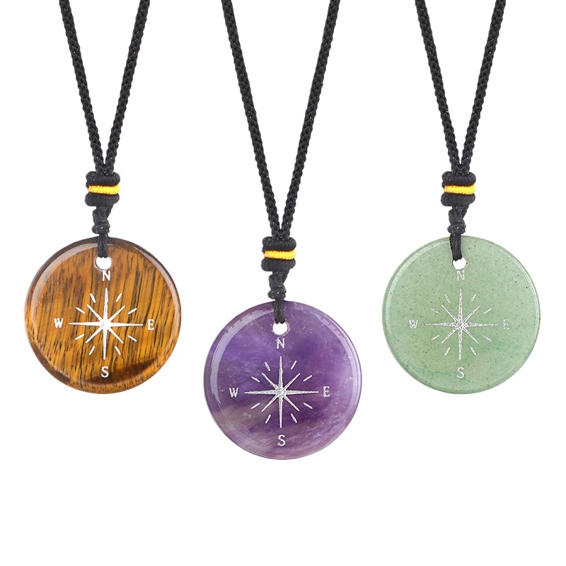 30MM Disc Pendant Necklace Adjustable Rope  Silver Pattern  Compass