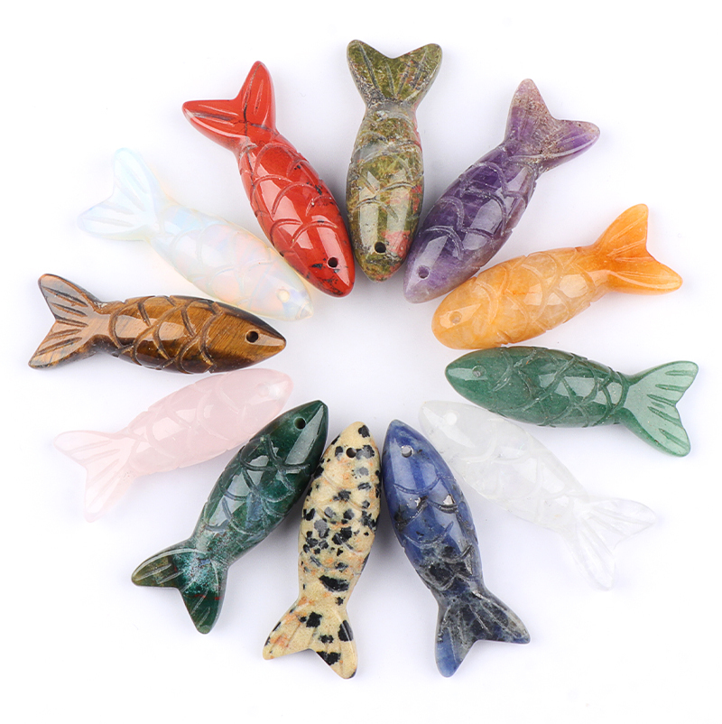15x40mm 3D Carved Fish Gemstone Pendant for Making Jewelry