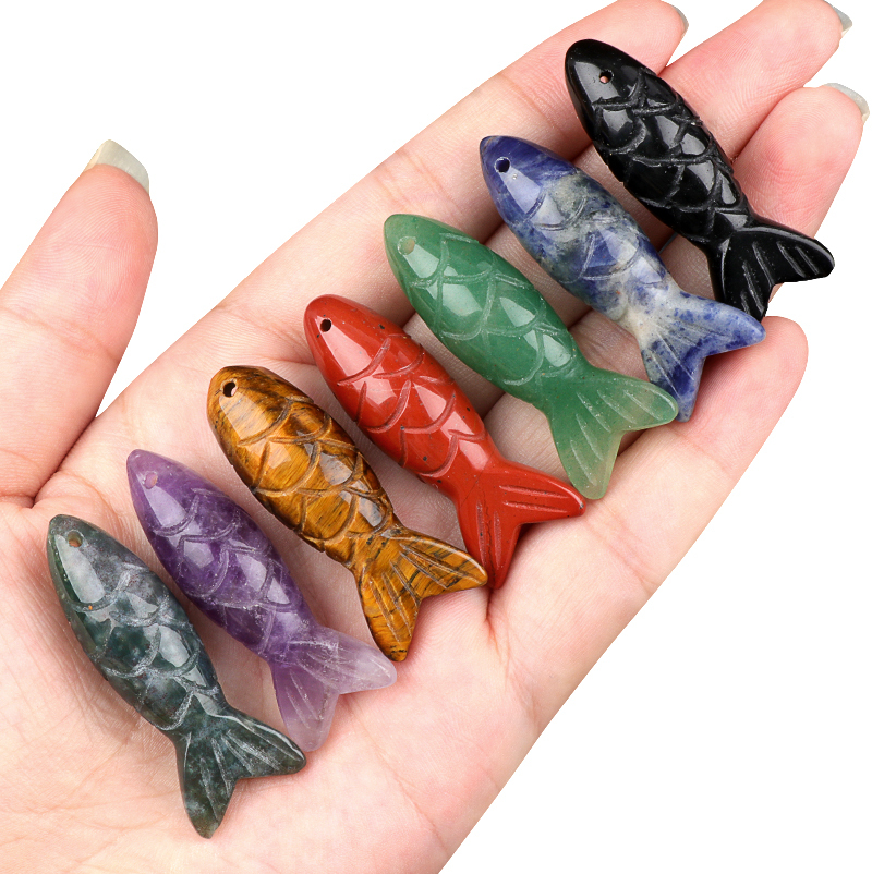 15x40mm 3D Carved Fish Gemstone Pendant for Making Jewelry