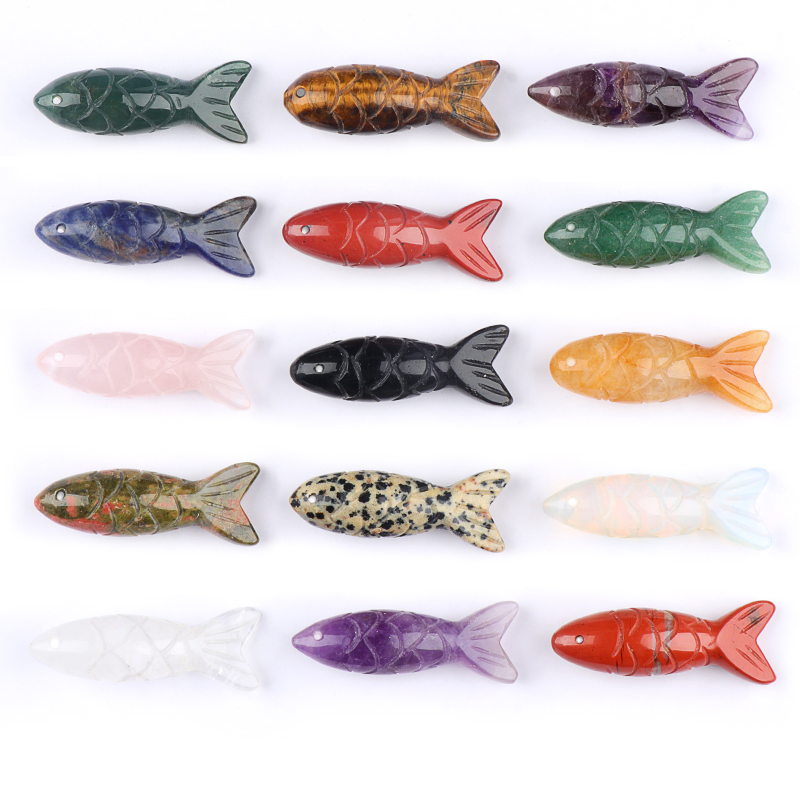 15x40mm 3D Carved Fish Gemstone Pendant for Making Jewelry