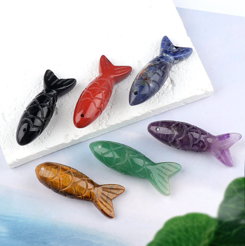 15x40mm 3D Carved Fish Gemstone Pendant for Making Jewelry