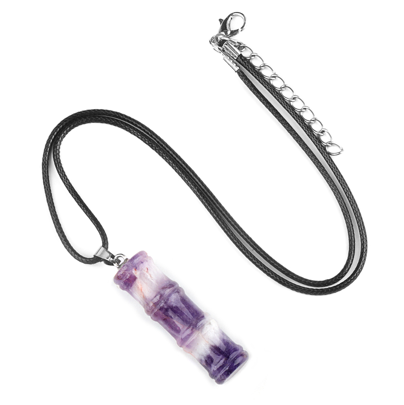 Hanmade Craved 12x40mm Bamboo Design Gemstone Pendant Necklace 45cm Black Cord