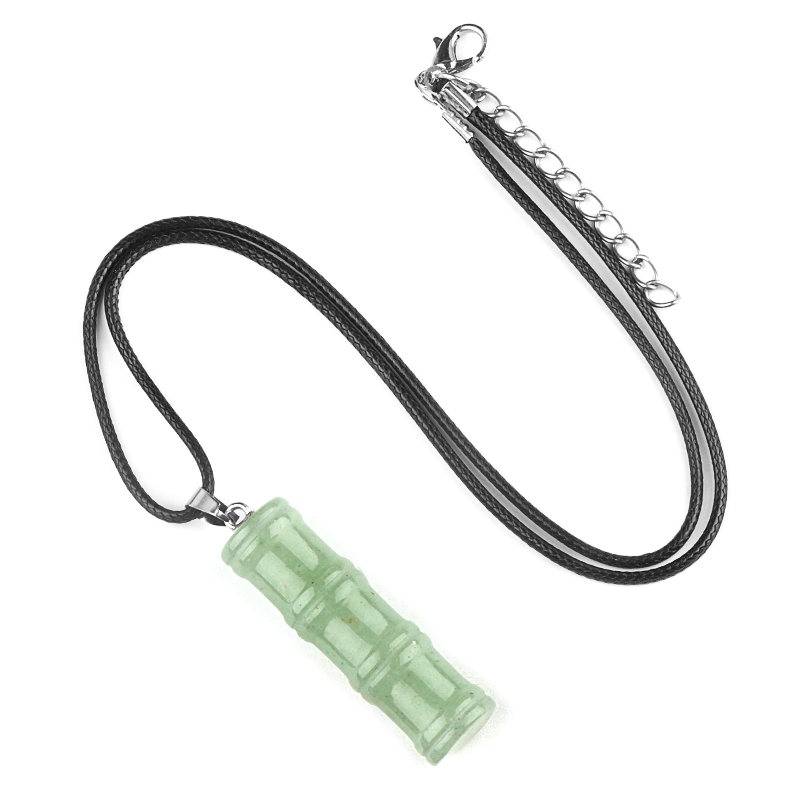Hanmade Craved 12x40mm Bamboo Design Gemstone Pendant Necklace 45cm Black Cord