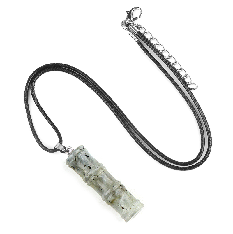 Hanmade Craved 12x40mm Bamboo Design Gemstone Pendant Necklace 45cm Black Cord