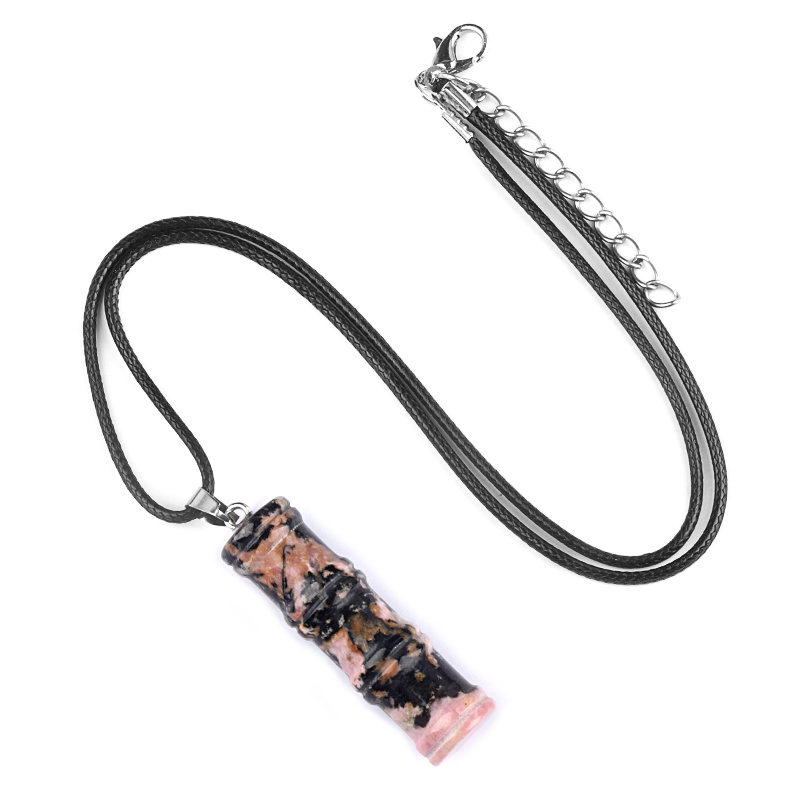 Hanmade Craved 12x40mm Bamboo Design Gemstone Pendant Necklace 45cm Black Cord