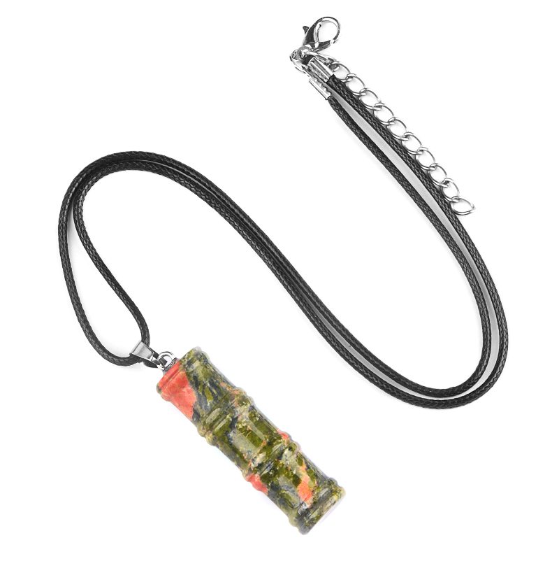 Hanmade Craved 12x40mm Bamboo Design Gemstone Pendant Necklace 45cm Black Cord