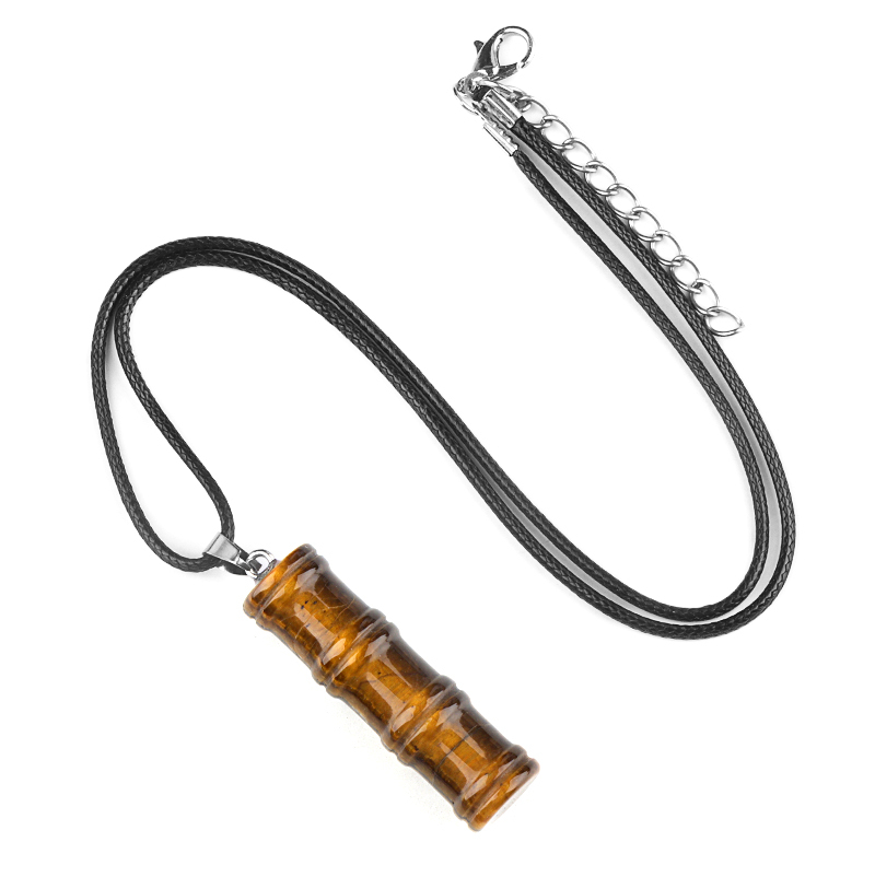 Hanmade Craved 12x40mm Bamboo Design Gemstone Pendant Necklace 45cm Black Cord