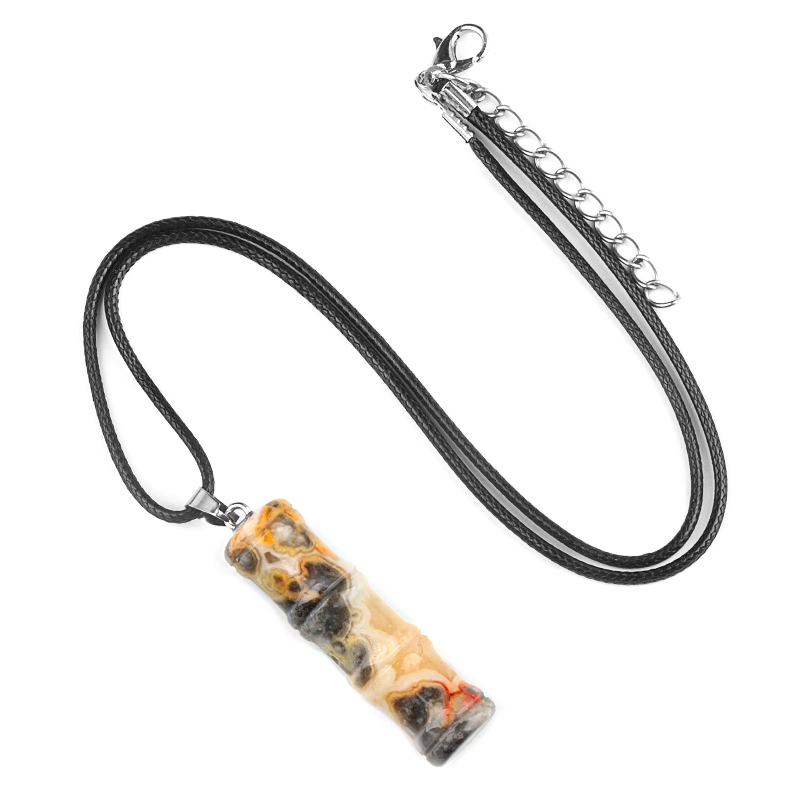 Hanmade Craved 12x40mm Bamboo Design Gemstone Pendant Necklace 45cm Black Cord
