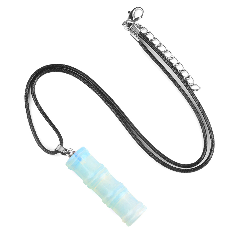 Hanmade Craved 12x40mm Bamboo Design Gemstone Pendant Necklace 45cm Black Cord