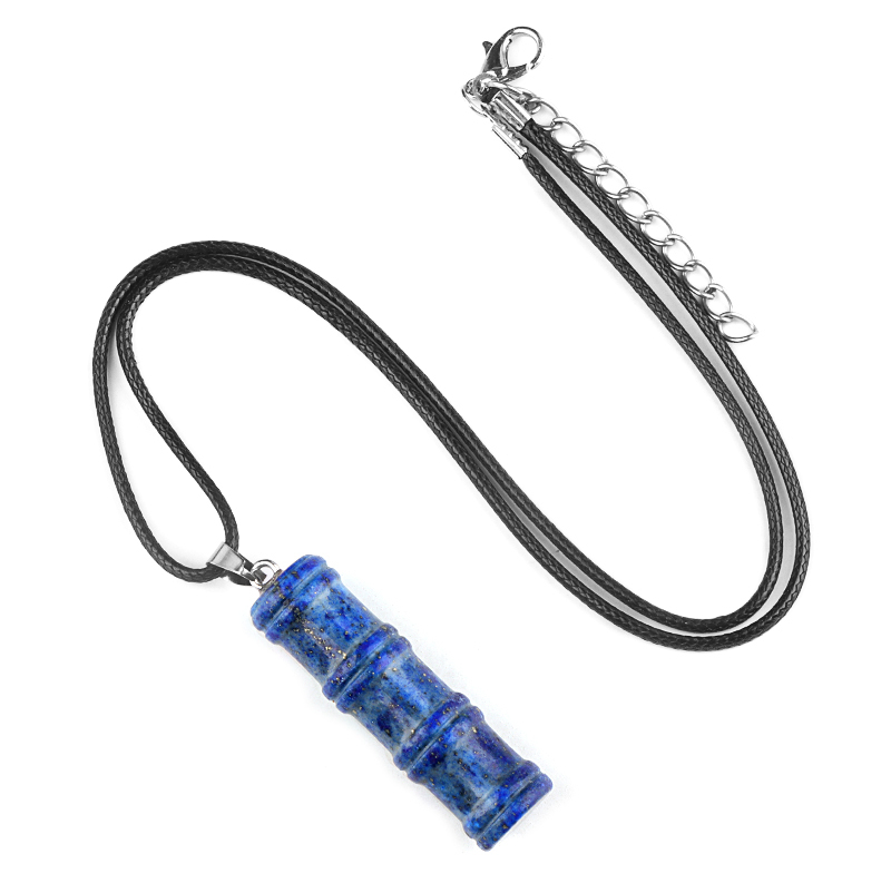 Hanmade Craved 12x40mm Bamboo Design Gemstone Pendant Necklace 45cm Black Cord