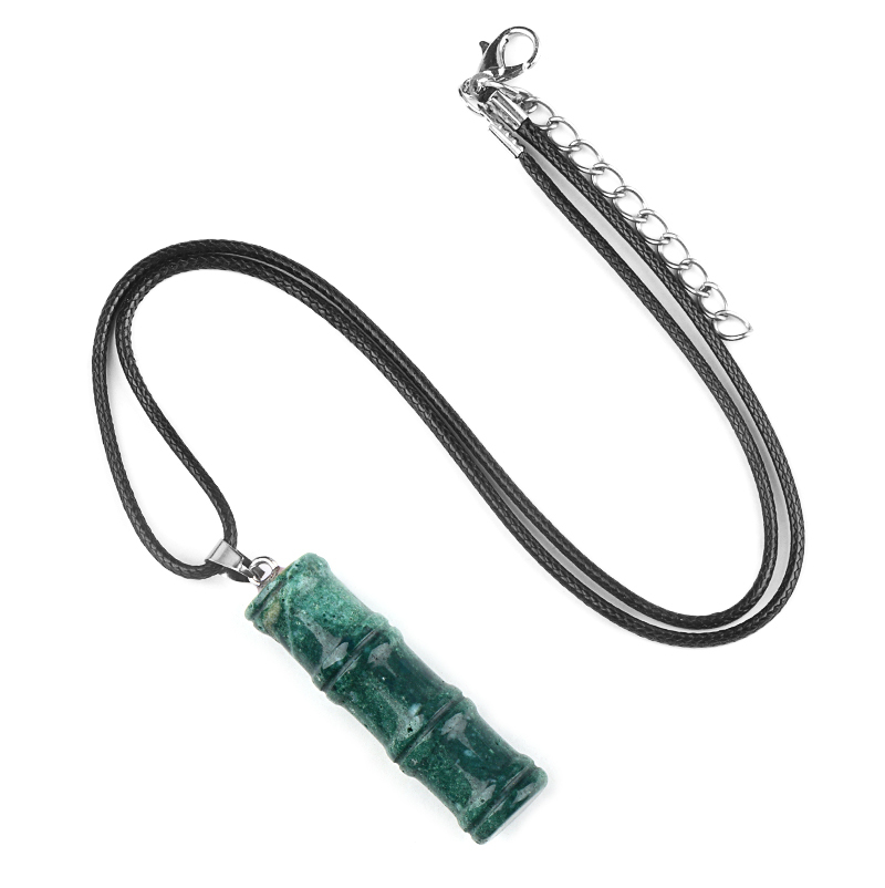 Hanmade Craved 12x40mm Bamboo Design Gemstone Pendant Necklace 45cm Black Cord