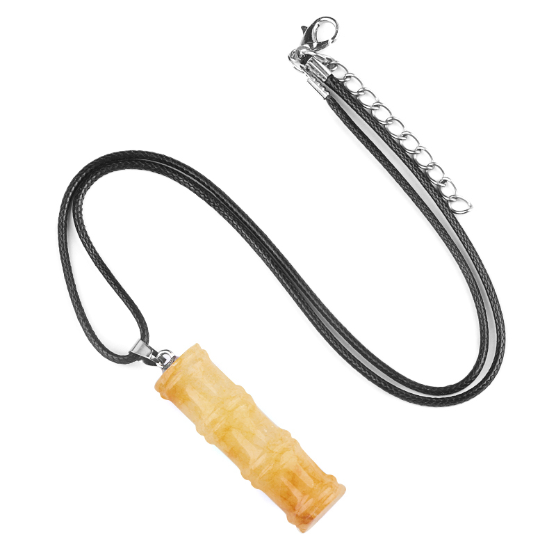 Hanmade Craved 12x40mm Bamboo Design Gemstone Pendant Necklace 45cm Black Cord