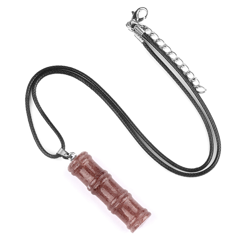 Hanmade Craved 12x40mm Bamboo Design Gemstone Pendant Necklace 45cm Black Cord