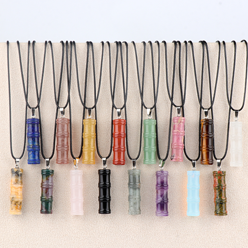Hanmade Craved 12x40mm Bamboo Design Gemstone Pendant Necklace 45cm Black Cord
