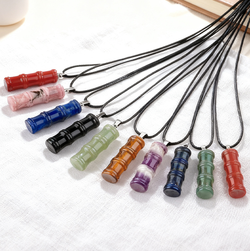 Hanmade Craved 12x40mm Bamboo Design Gemstone Pendant Necklace 45cm Black Cord