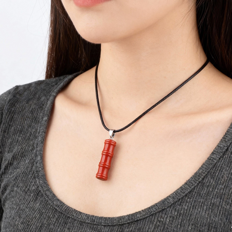 Hanmade Craved 12x40mm Bamboo Design Gemstone Pendant Necklace 45cm Black Cord