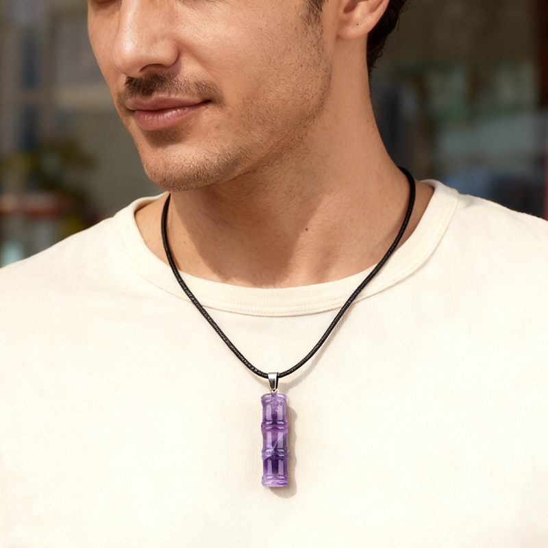 Hanmade Craved 12x40mm Bamboo Design Gemstone Pendant Necklace 45cm Black Cord