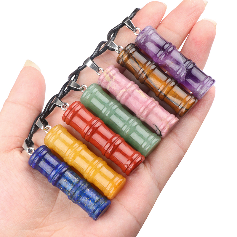 Hanmade Craved 12x40mm Bamboo Design Gemstone Pendant Necklace 45cm Black Cord