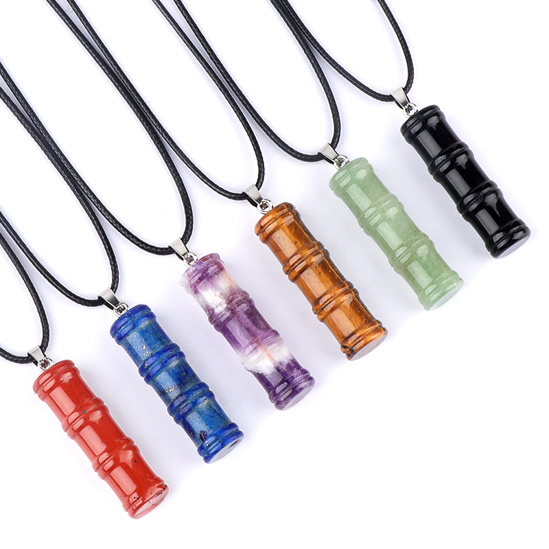 Hanmade Craved 12x40mm Bamboo Design Gemstone Pendant Necklace 45cm Black Cord