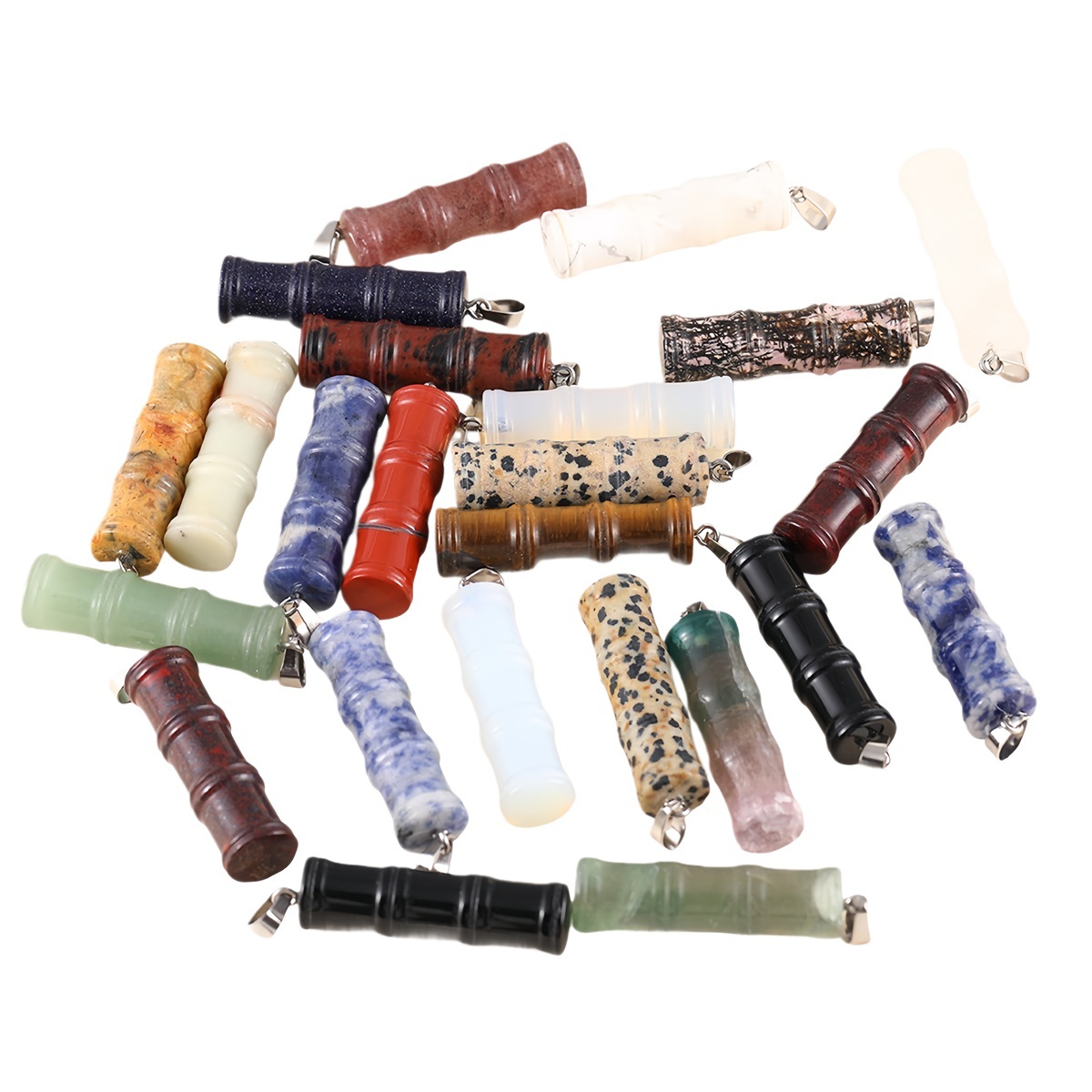 2x40mm Bamboo Segment Gemstone Pendant, 3D Carved Natural Stone Charm for DIY Jewelry Making, Necklace, Bracelet Crafting
