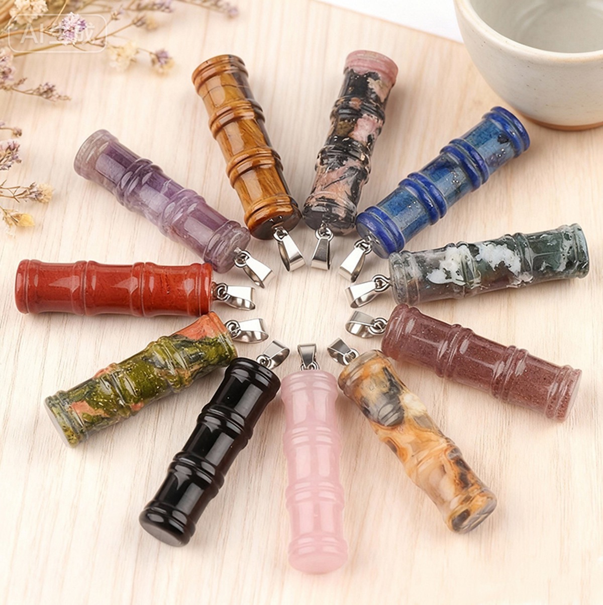 2x40mm Bamboo Segment Gemstone Pendant, 3D Carved Natural Stone Charm for DIY Jewelry Making, Necklace, Bracelet Crafting