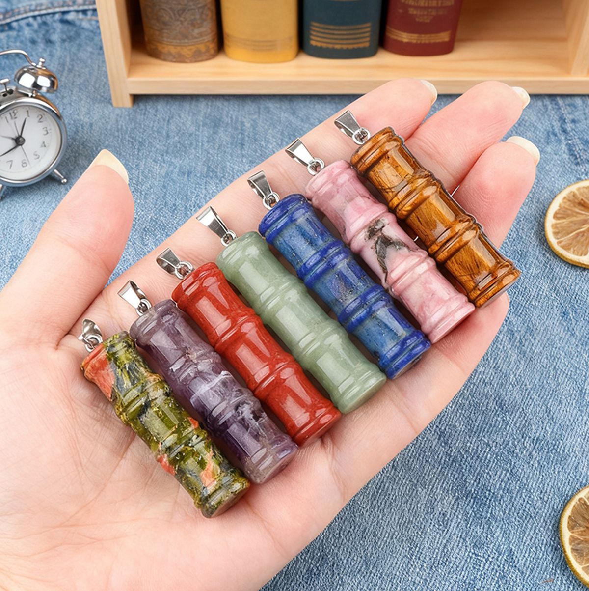 2x40mm Bamboo Segment Gemstone Pendant, 3D Carved Natural Stone Charm for DIY Jewelry Making, Necklace, Bracelet Crafting