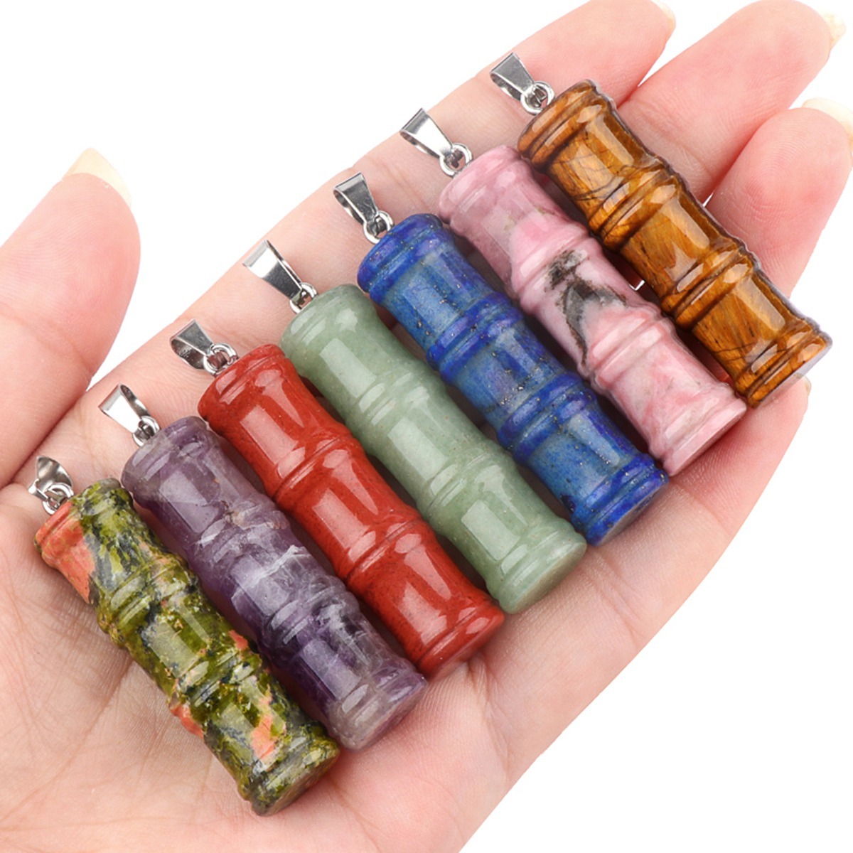 2x40mm Bamboo Segment Gemstone Pendant, 3D Carved Natural Stone Charm for DIY Jewelry Making, Necklace, Bracelet Crafting