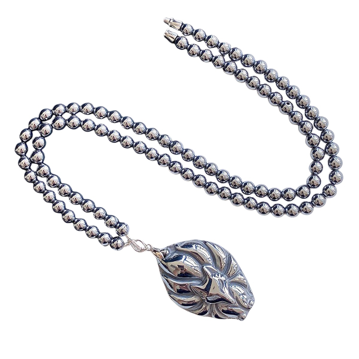 Handmade Craved Nine-Tailed Fox Hematite Pendant (46x30mm)