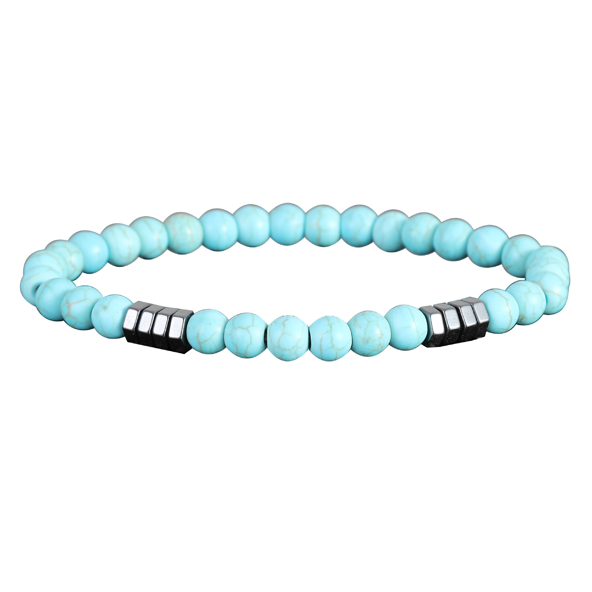 6mm Natural Gemstone Beaded Bracelet with Hematite Spacer Beads, 18-19cm Stretchy Elastic, Healing Jewelry Gift for Men & Women