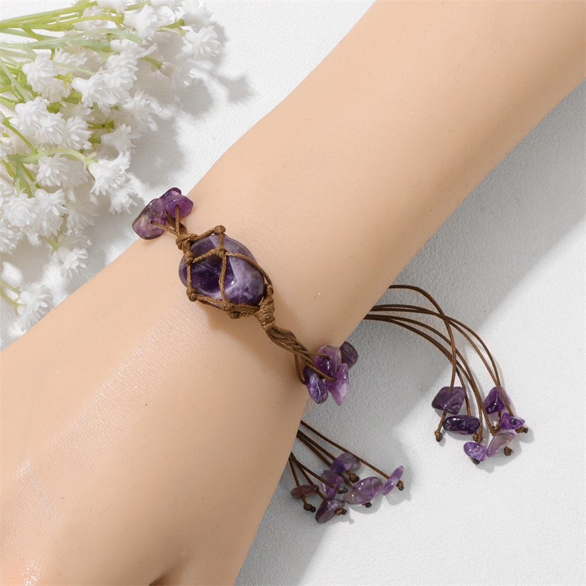 Boho Tumbled Gemstone Bracelet for Women Men Adjustable Handmade Woven Mesh Raw Chip Stone Beads Bangle Jewelry