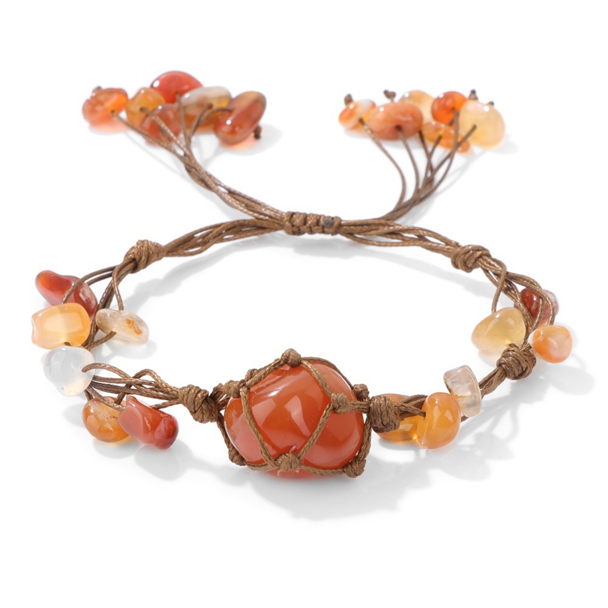 Boho Tumbled Gemstone Bracelet for Women Men Adjustable Handmade Woven Mesh Raw Chip Stone Beads Bangle Jewelry
