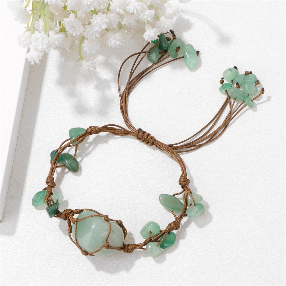 Boho Tumbled Gemstone Bracelet for Women Men Adjustable Handmade Woven Mesh Raw Chip Stone Beads Bangle Jewelry