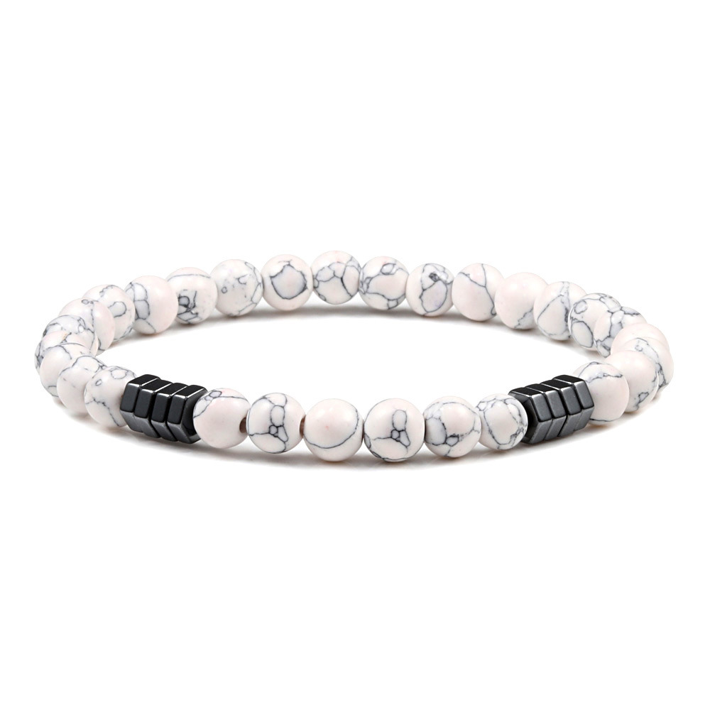 6mm Natural Gemstone Beaded Bracelet with Hematite Spacer Beads, 18-19cm Stretchy Elastic, Healing Jewelry Gift for Men & Women