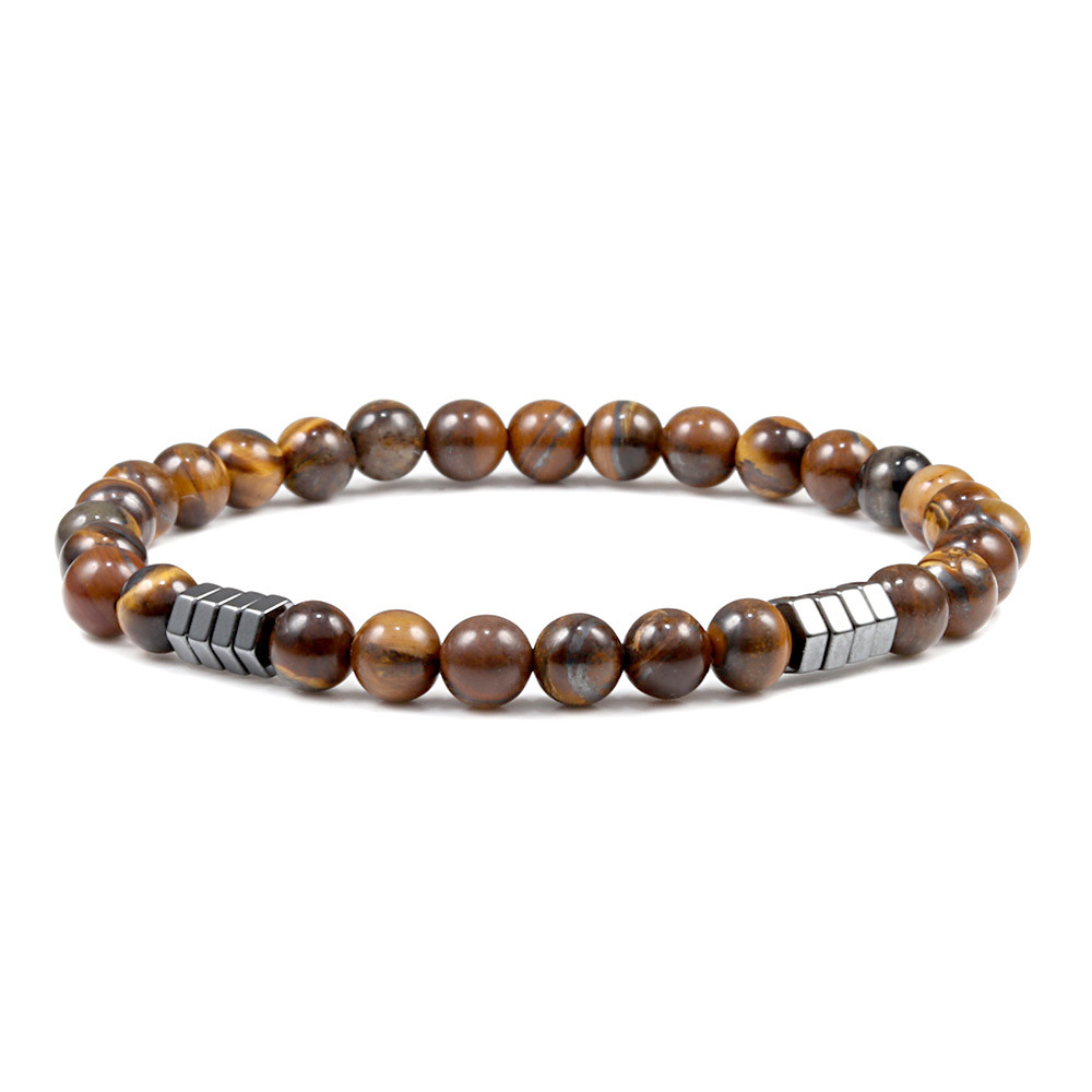 6mm Natural Gemstone Beaded Bracelet with Hematite Spacer Beads, 18-19cm Stretchy Elastic, Healing Jewelry Gift for Men & Women