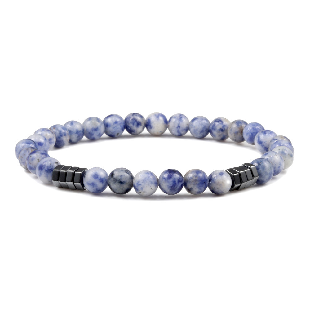 6mm Natural Gemstone Beaded Bracelet with Hematite Spacer Beads, 18-19cm Stretchy Elastic, Healing Jewelry Gift for Men & Women