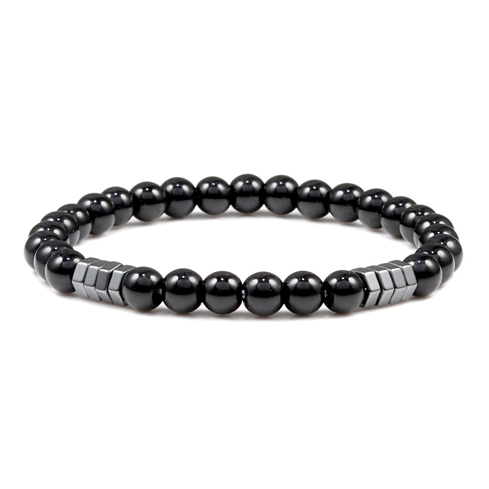 6mm Natural Gemstone Beaded Bracelet with Hematite Spacer Beads, 18-19cm Stretchy Elastic, Healing Jewelry Gift for Men & Women