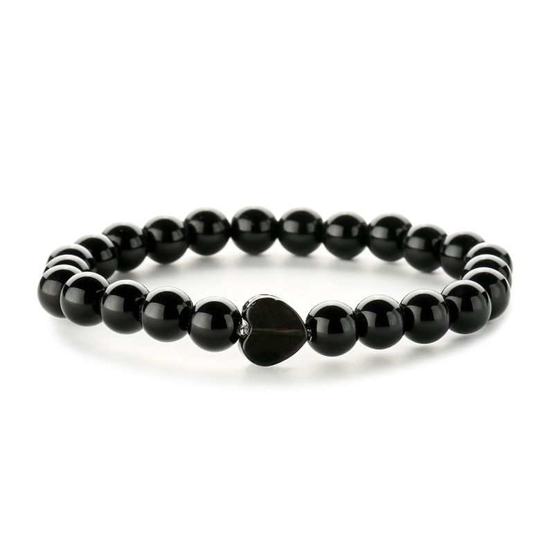 8mm Natural Gemstone Beads Bracelet with 10mm Heart Charm,Stretch Elastic Spiritual Jewelry Gift for Women