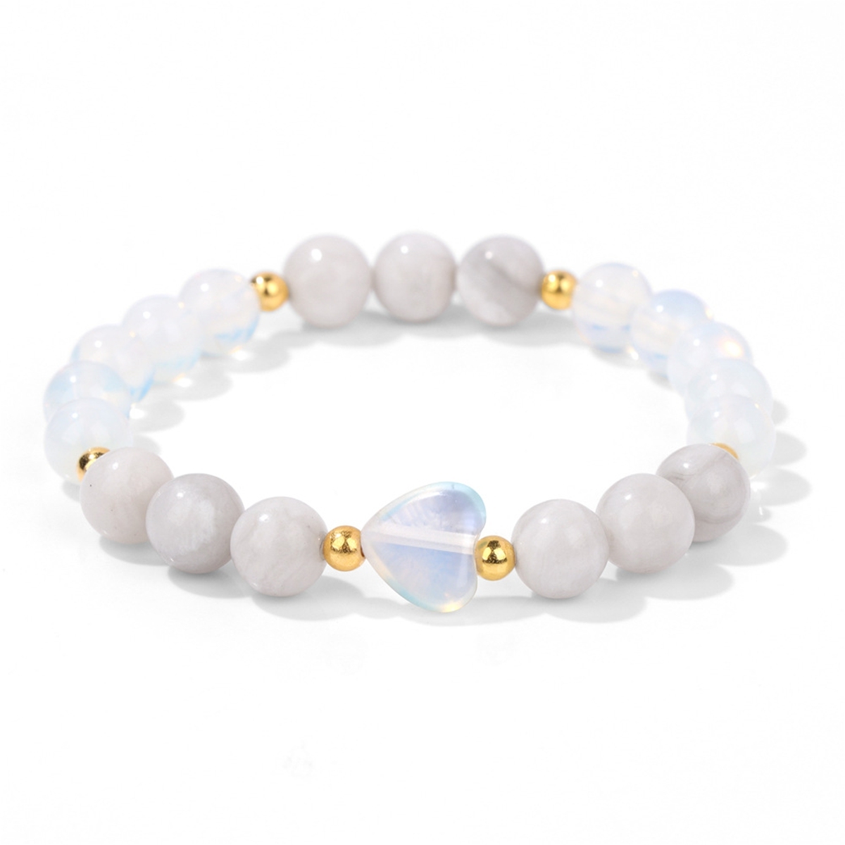 8mm Natural Gemstone Beads Bracelet with 10mm Heart Charm, Stretch Elastic Spiritual Jewelry Gift for Women Men Healing Chakra