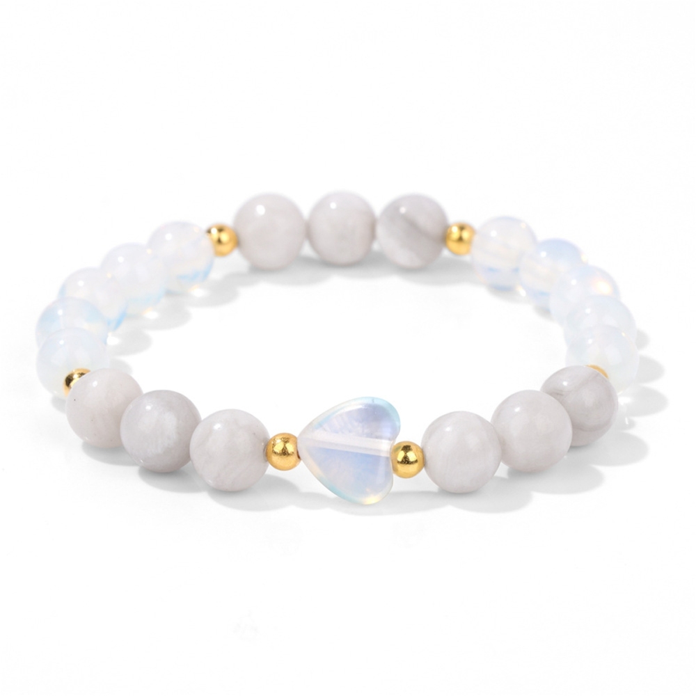 8mm Natural Gemstone Beads Bracelet with 10mm Heart Charm, Stretch Elastic Spiritual Jewelry Gift for Women Men Healing Chakra