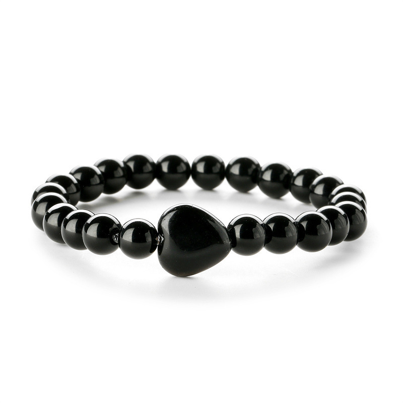8mm Natural Gemstone Beads Bracelet with 10mm Heart Charm,Stretch Elastic Spiritual Jewelry Gift for Women