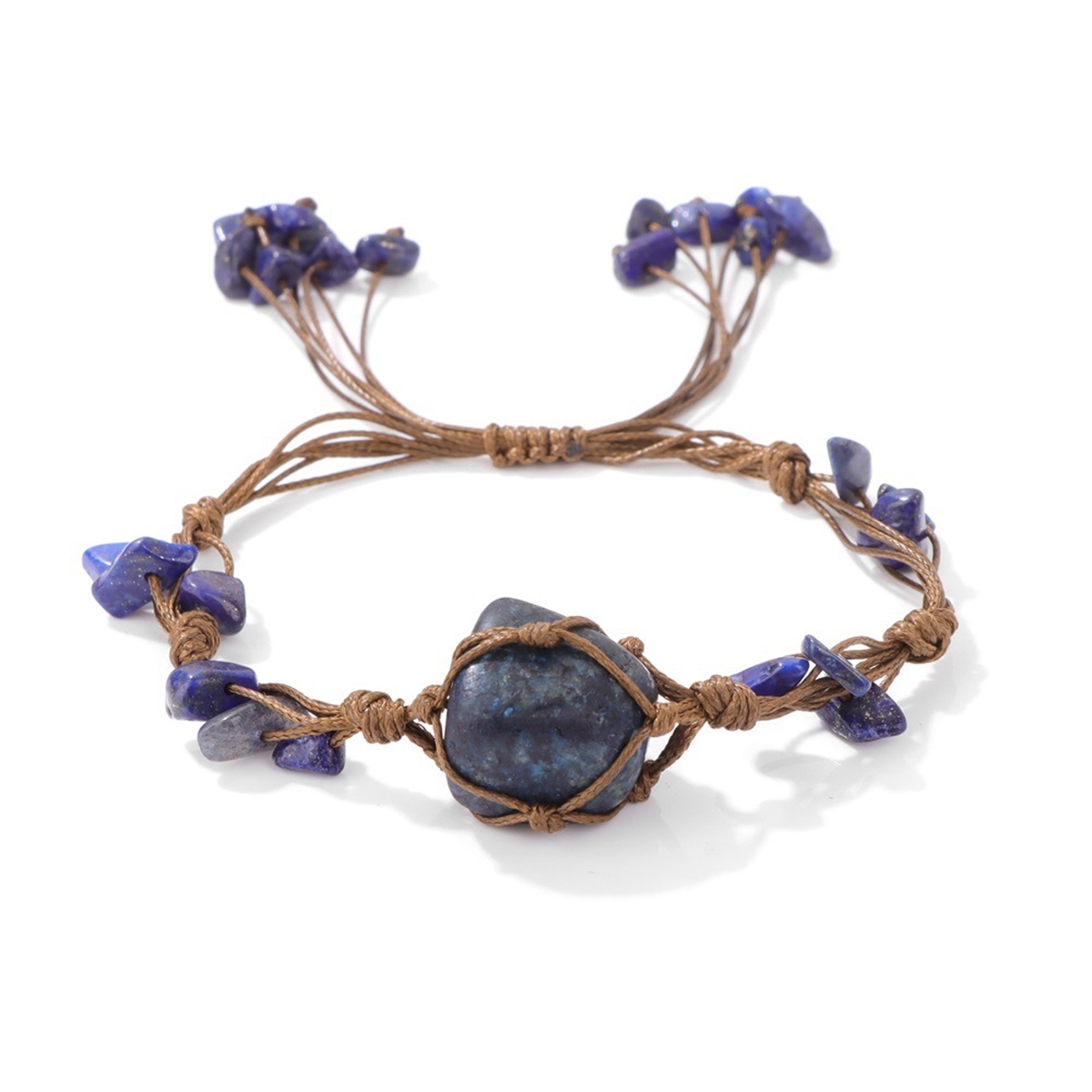 Boho Tumbled Gemstone Bracelet for Women Men Adjustable Handmade Woven Mesh Raw Chip Stone Beads Bangle Jewelry