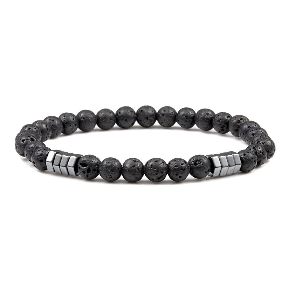 6mm Natural Gemstone Beaded Bracelet with Hematite Spacer Beads, 18-19cm Stretchy Elastic, Healing Jewelry Gift for Men & Women