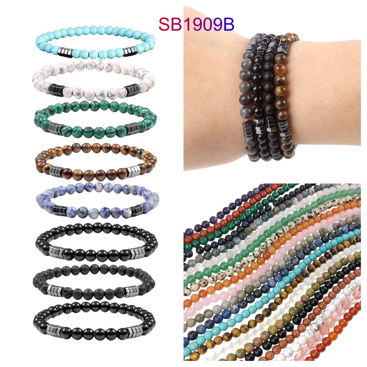 6mm Natural Gemstone Beaded Bracelet with Hematite Spacer Beads, 18-19cm Stretchy Elastic, Healing Jewelry Gift for Men & Women