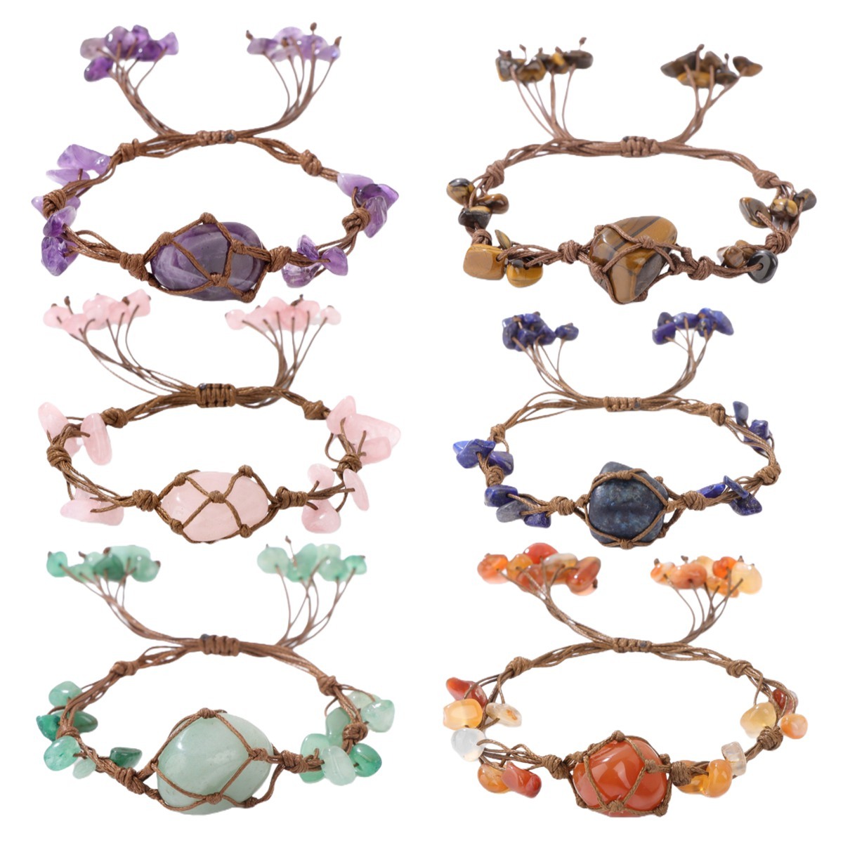 Boho Tumbled Gemstone Bracelet for Women Men Adjustable Handmade Woven Mesh Raw Chip Stone Beads Bangle Jewelry